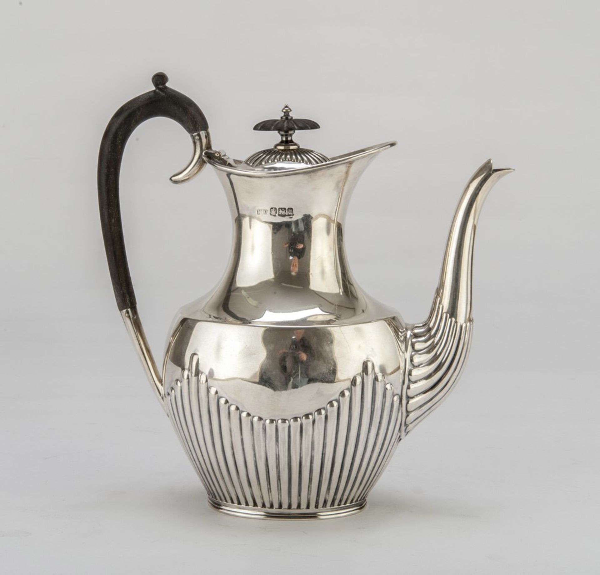 Silver Teapot, Punch SHEFFIELD 1893 fluted body, handle in ebonized woods. Silversmith H. W.