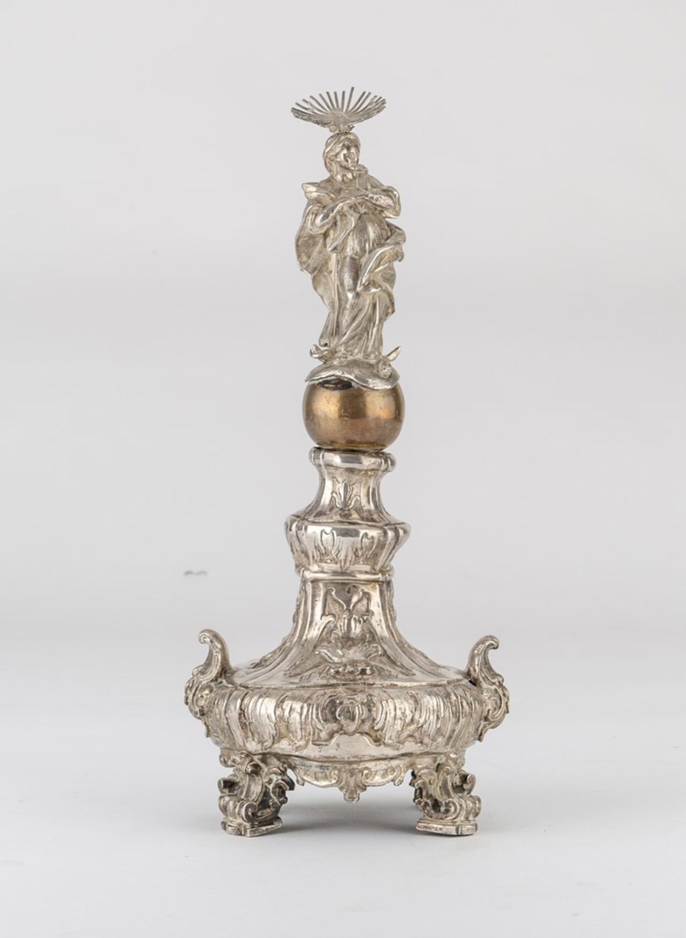 SILVER CANDLESTICK, PROBABLY NAPLES LATE 19TH CENTURY with figure of the Immaculate, embossed to