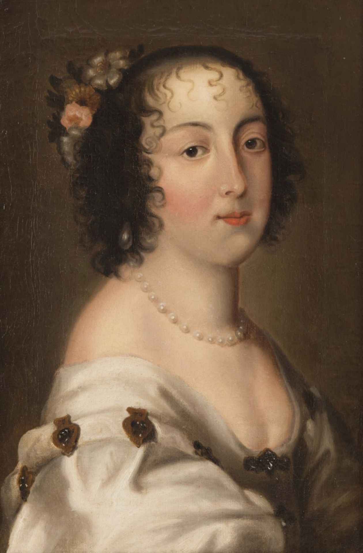 ENGLISH PAINTER, LATE 18TH CENTURY PORTRAIT OF A NOBLEWOMAN WITH PEARLS AND FLOWERS, AFTER PETER