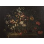 TUSCAN PAINTER, 17TH CENTURY CHEST WITH COMPOSITION OF FLOWERS ON TABLE Oil on canvas, cm. 63 x 86