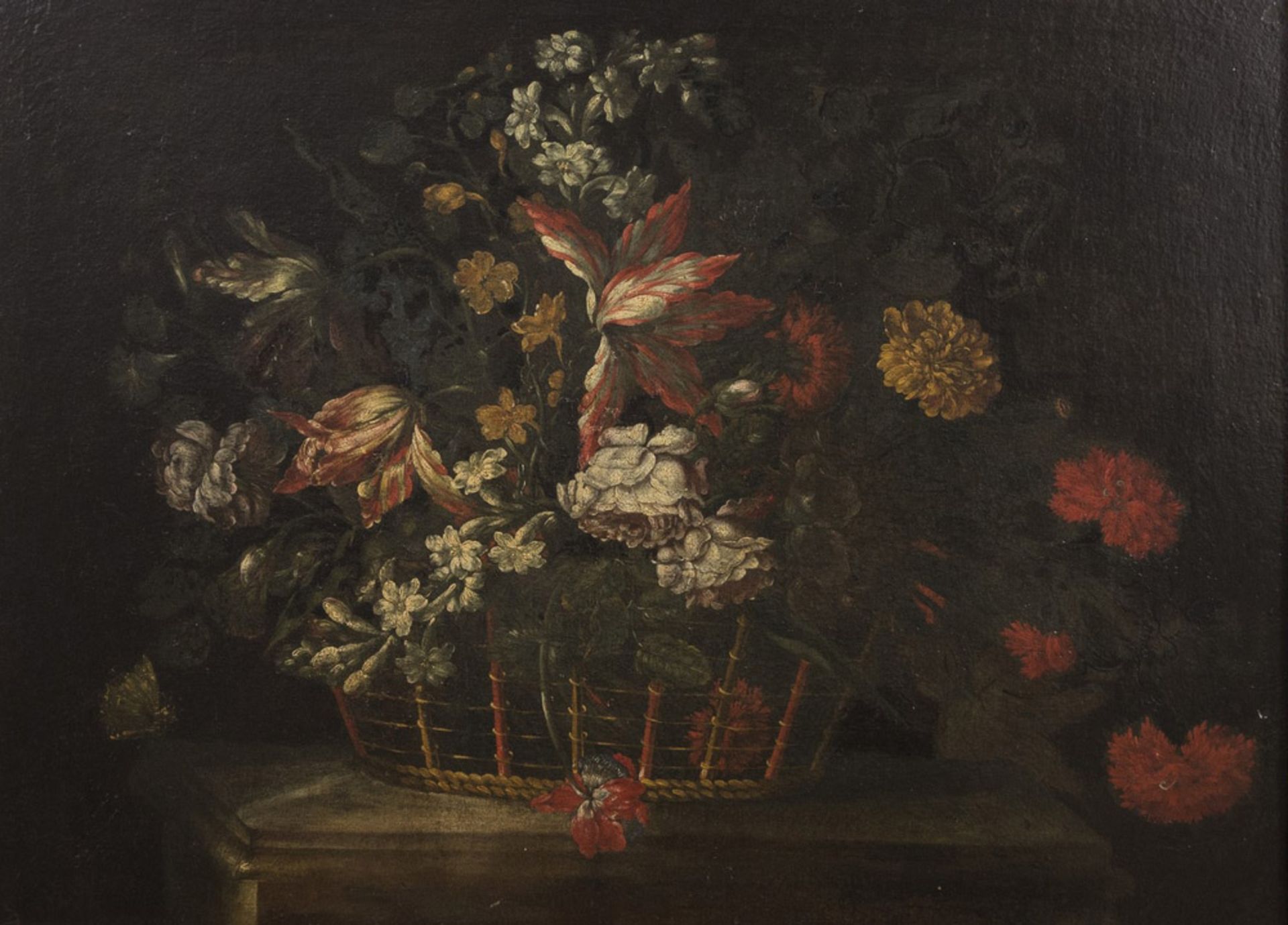 TUSCAN PAINTER, 17TH CENTURY CHEST WITH COMPOSITION OF FLOWERS ON TABLE Oil on canvas, cm. 63 x 86