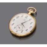POCKET WATCH, BRAND OMEGA in yellow gold 18 kts., white enamel dial with Arabic numerals and
