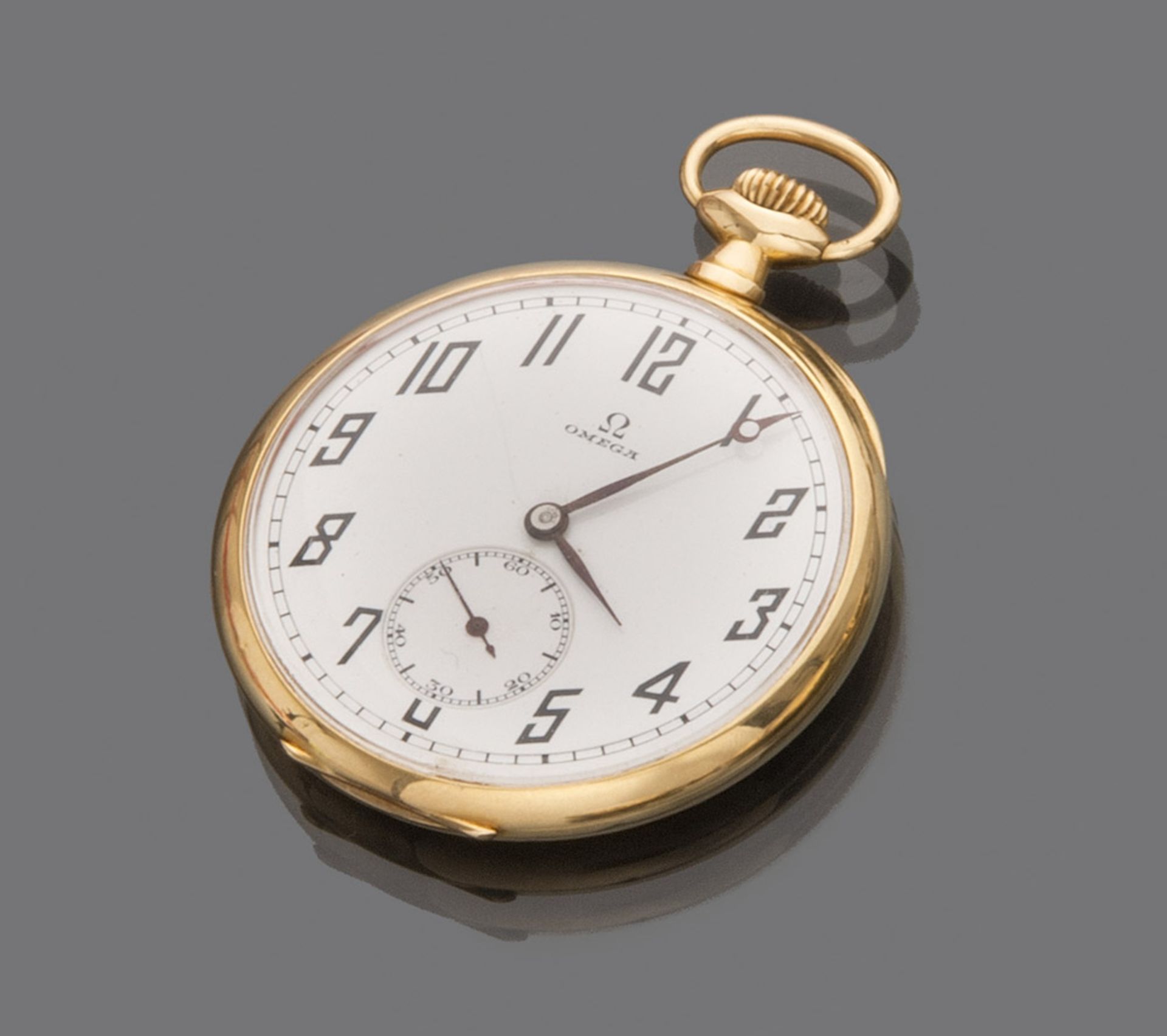 POCKET WATCH, BRAND OMEGA in yellow gold 18 kts., white enamel dial with Arabic numerals and