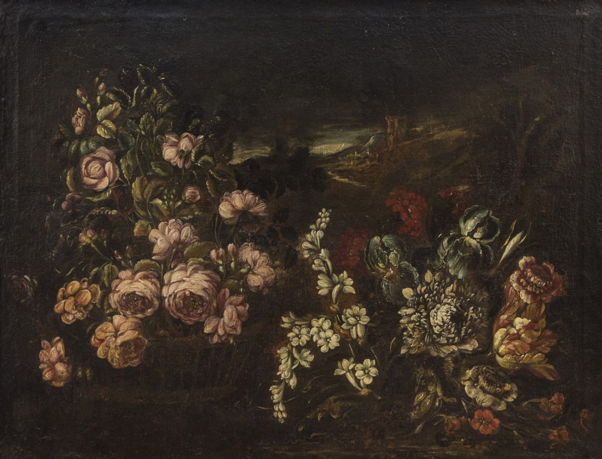 NORTHERN ITALY PAINTER, SECOND HALF OF THE 17TH CENTURY STILL-LIFE OF FLOWERS IN LANDSCAPE WITH