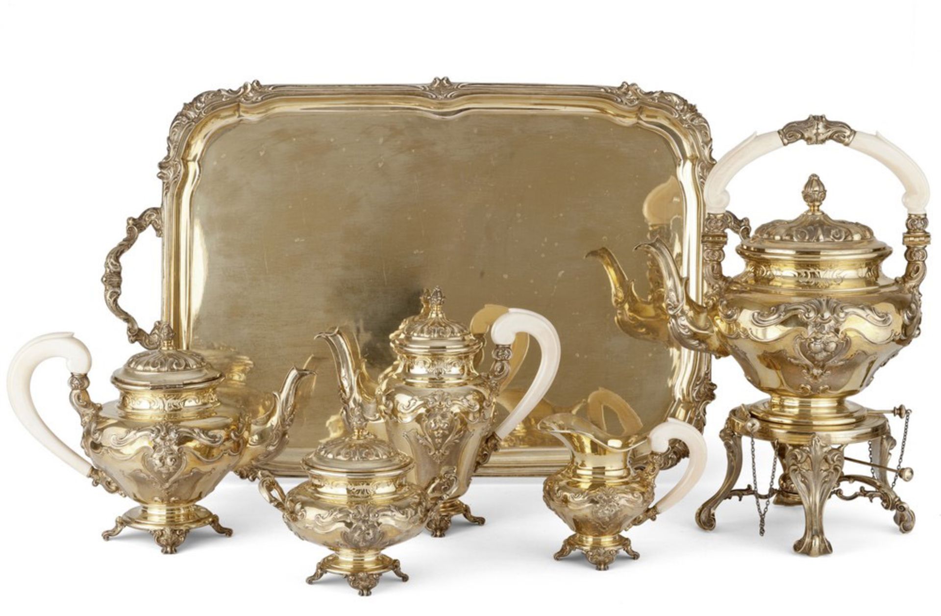 GILDED SILVER TEA AND COFFEE SERVICE, Punch Venetian Lombard, Milan-Venice 1812/1872 with circular