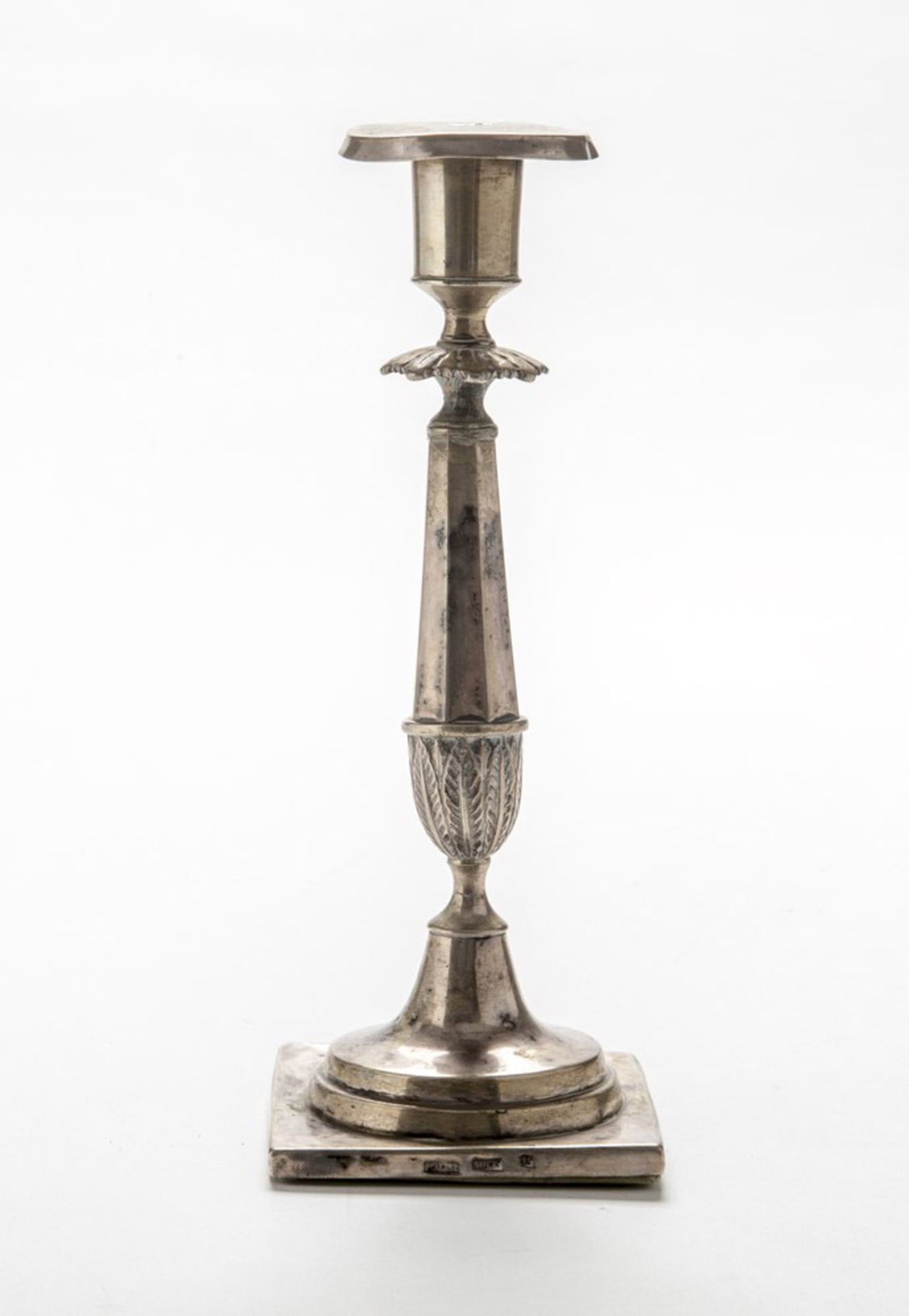 SILVER CANDLESTICK IN, EUROPEAN PUNCH NOT IDENTIFIED, EARLY 20TH CENTURY polygonal stem with