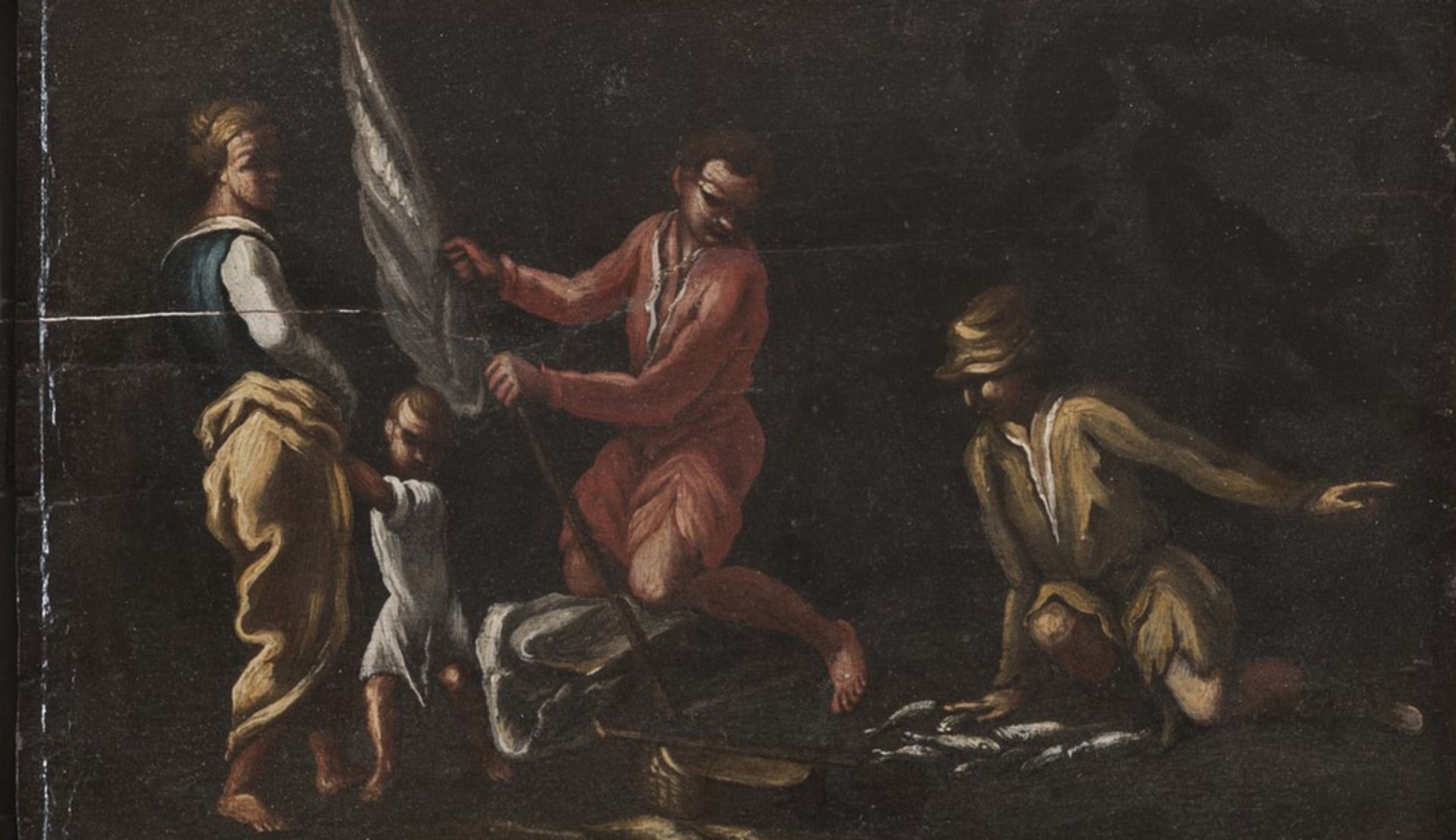 PIETRO PESCE, att. a (active in Naples 17th century) FISHERMEN Oil on panel, cm. 20 x 31