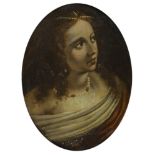 ROMAN PAINTER, 17TH CENTURY YOUNG GIRL'S PORTRAIT WITH NECKLACE OF PEARLS Oil on oval canvas, cm. 47
