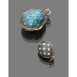 TWO PENDANTS FABERGÈ in gilded silver '88 egg shape, decorum with round cut crystal stones. Length