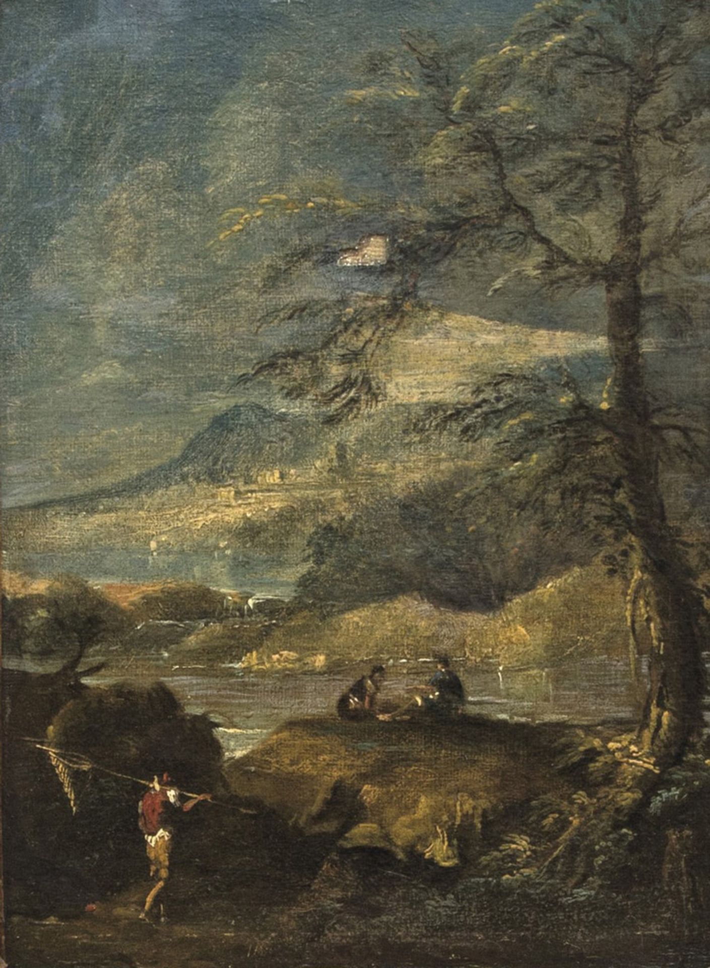 CIRCLE OF GIUSEPPE ZAIS, 18TH CENTURY LANDSCAPE WITH FISHERMEN Oil on canvas, cm. 32.5 x 24 ORIGIN