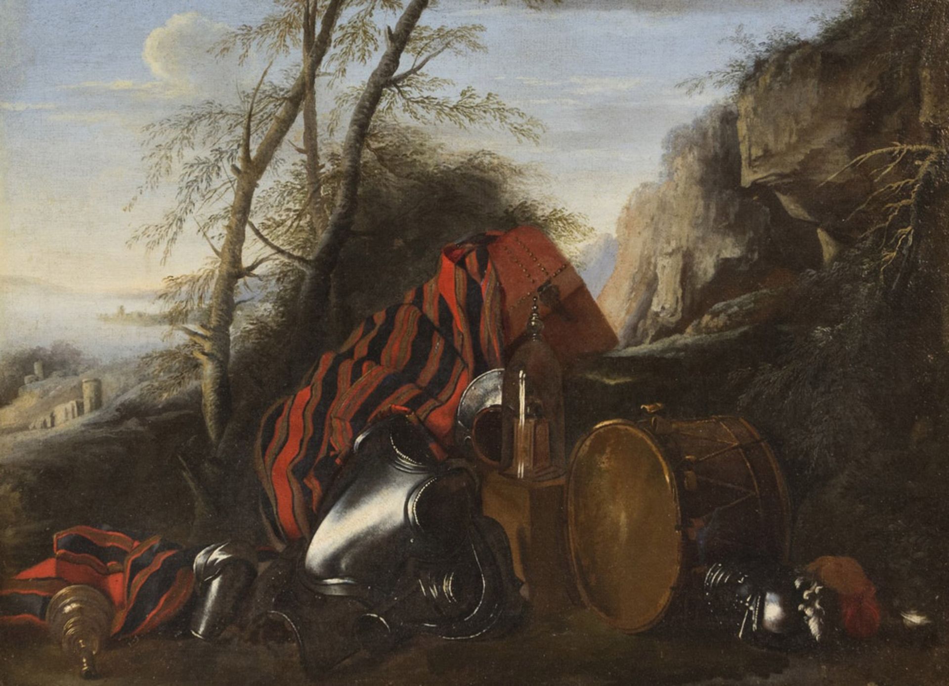 ANDREA DE LIONE, att. to (Naples 1610 - 1685) LANDSCAPE WITH ARMOR, DRUM AND SHRINE Oil on canvas,