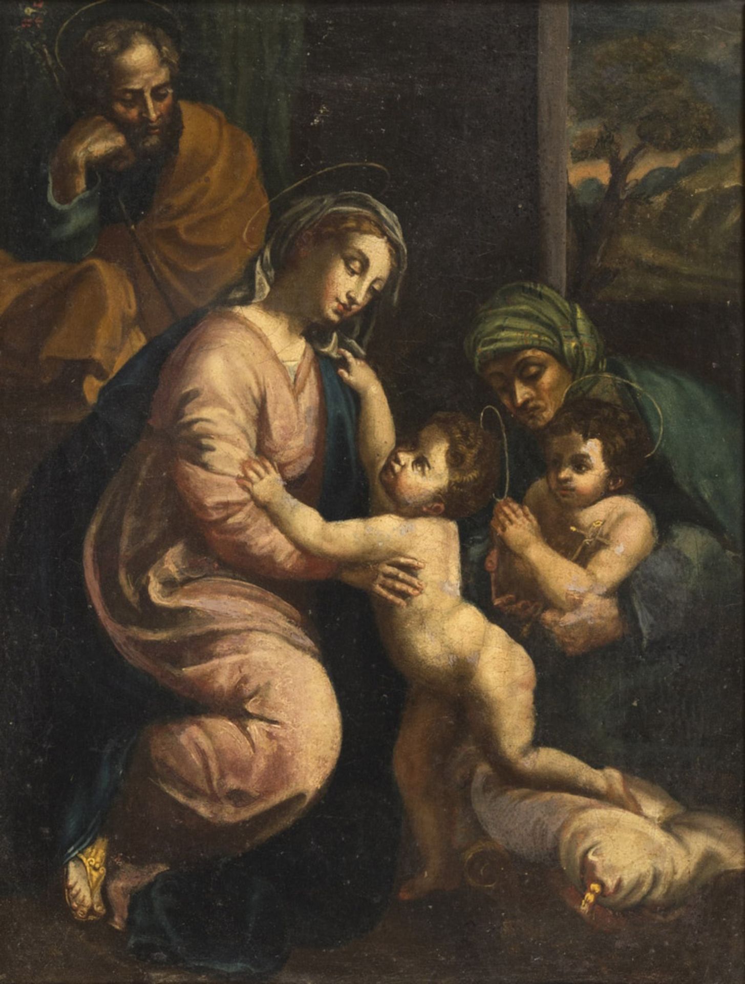 EMILIAN PAINTER, 17TH CENTURY HOLY FAMILY WITH INFANT ST. JOHN AND AND ST. ELIZABETH