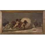 ITALIAN PAINTER, 19TH CENTURY Children's games with giant snowball Oil on panel, cm. 60 x 117