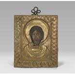 RUSSIAN PAINTER, EARLY 20TH CENTURY Face of the Virgin Oil icon on panel, cm. 20 x 16 Riza in gilded