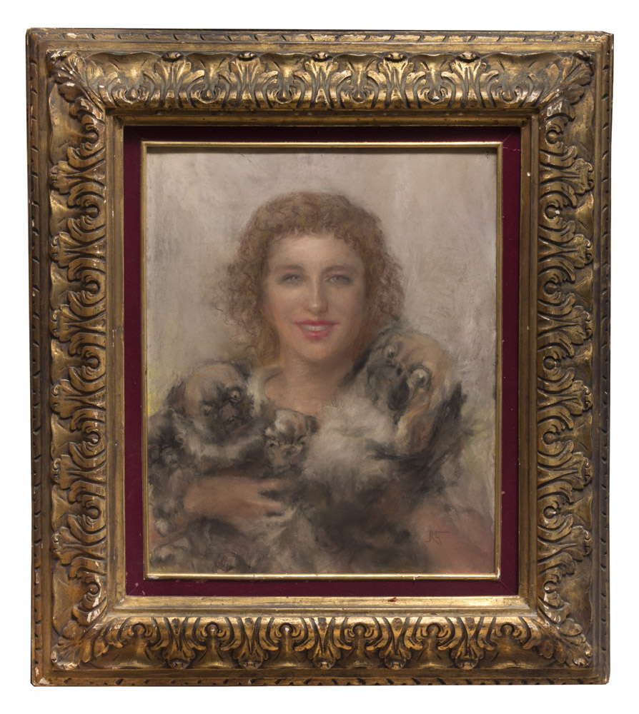 ITALIAN PAINTER, EARLY 20TH CENTURY Woman's portrait with dogs Pastels on cardboard, cm. 54 x 44