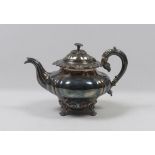 SILVER-PLATED TEAPOT, 20TH CENTURY with body nervato and chisels to the edges. Handle with