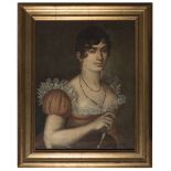 ITALIAN PAINTER, EARLY 19TH CENTURY Gentlewoman's portrait with fan Oil on canvas, cm. 63 x 49 Not