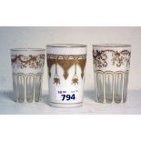 THREE OPALINE GLASSES, ANATOLIA 20TH CENTURY with golden decor of vegetable motifs and Mirhab.