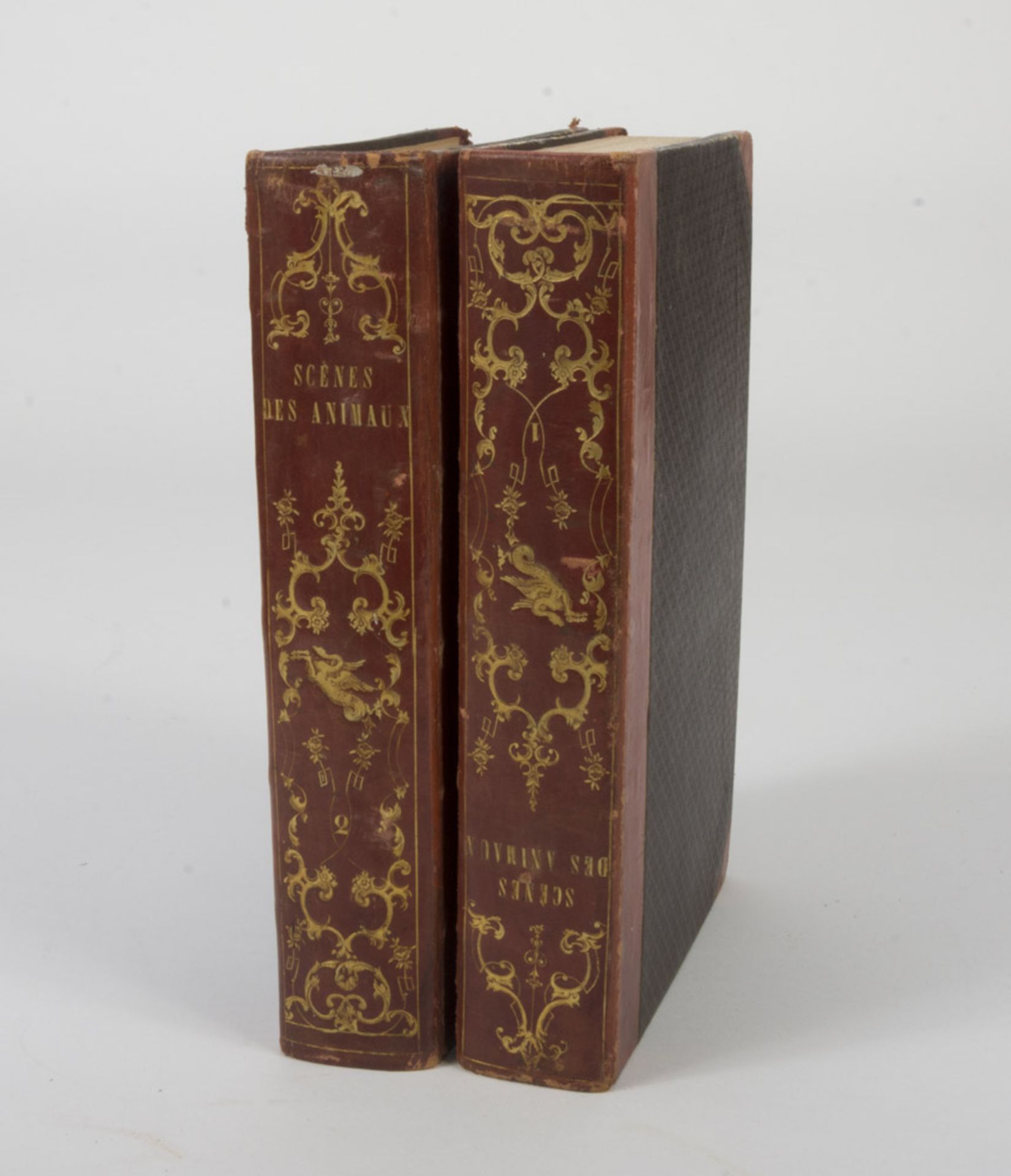 THEATRE ANIMALIER Scenes des Animaux. Two volumes with engravings. Ed. Paris 1842. Half red leather.