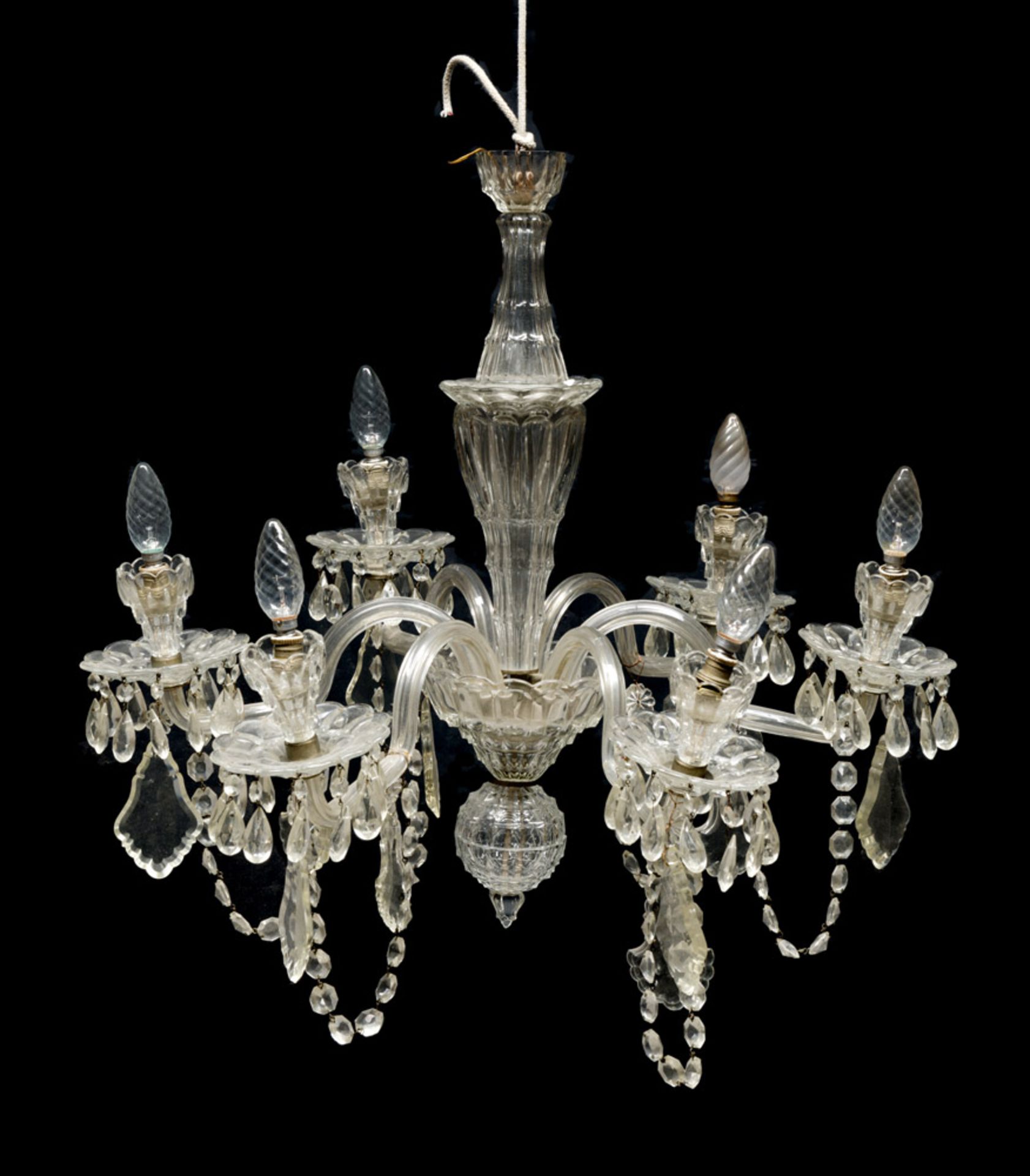 GLASS CHANDELIER, MURANO 20TH CENTURY of six arms to ramages with pendants in grinded glass.