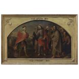 FLEMISH PAINTER, 17TH CENTURY Allegorical scene with Christ and the Apostles Oil on lunette