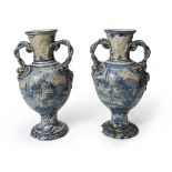 A PAIR OF MAIOLICA VASES, SAVONA 19TH CENTURY in white and blue enamel, decorated with landscapes