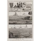 FRENCH ENGRAVER, 18TH CENTURY. Typologies of the fishing. A pair of tripartite etchings, cm. 41 x