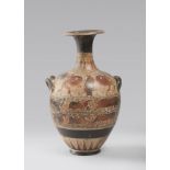 ETRUSCAN STYLE VASE, EARLY 20TH CENTURY in clay and brown varnish, redhead and yellow. Tall neck