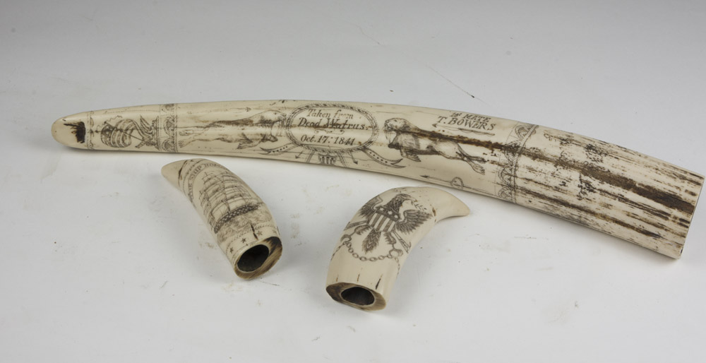 THREE TUSKS IN RESIN, ENGLAND EARLY 20TH CENTURY engraved with memorabilia of ancient sailing