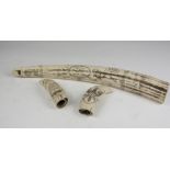 THREE TUSKS IN RESIN, ENGLAND EARLY 20TH CENTURY engraved with memorabilia of ancient sailing