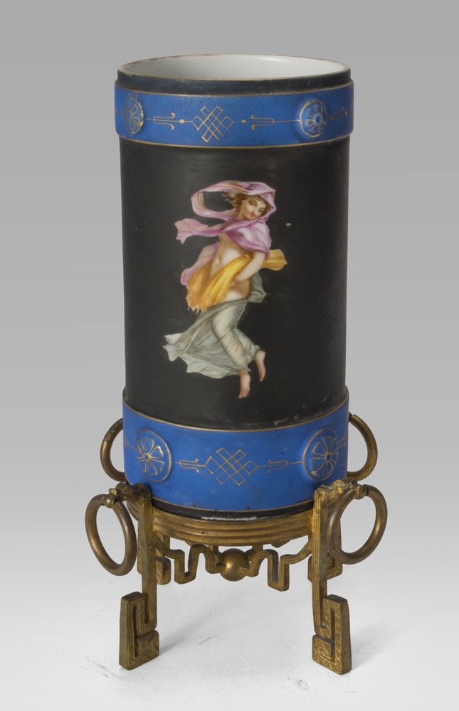 PORCELAIN VASE, FRANCE EARLY 20TH CENTURY in polychromy with vestal figure on black ground.