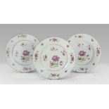 THREE PORCELAIN DISHES IN, COMPANY OF INDIES 19TH CENTURY of white, lilac and polychrome enamel,