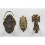 THREE METAL AND PEWTER HOLY WATER STOUPS Measures max. cm. 28 x 19 x 7. TRE ACQUASANTIERE IN METALLO