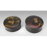 TWO CASKETS IN PRESS-PAPIER, RUSSIA 19TH CENTURY black lacquered, covers decorated with standstill