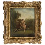 FRENCH PAINTER, 18TH CENTURY SCENE OF COURTING IN A PARK Oil on canvas, cm. 30,5 x 24 Inscription '