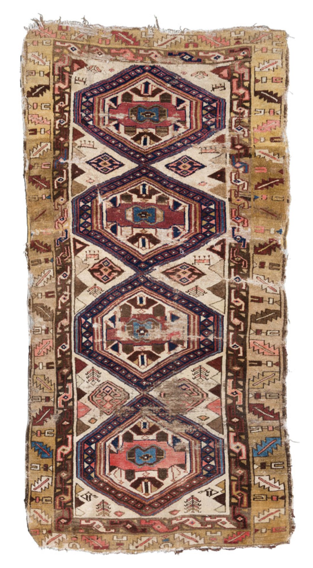 CAUCASIAN GHENDJE CARPET, 19TH CENTURY to four hexagons with stylized birds and secondary motifs