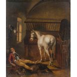 ENGLISH PAINTER, 19TH CENTURY Horse in the stall with jockey Oil on copper, cm. 20,3 x 16,8 Not