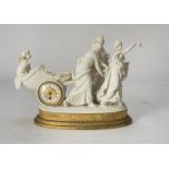 TABLE CLOCK IN BISCUIT, 19TH CENTURY shaped as the wagon of the aurora with vestal and cupids.