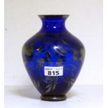 GLASS VASE, 20TH CENTURY to blue ground, decorated with grid and leaves. Measures cm. 20 x 14. Chip.