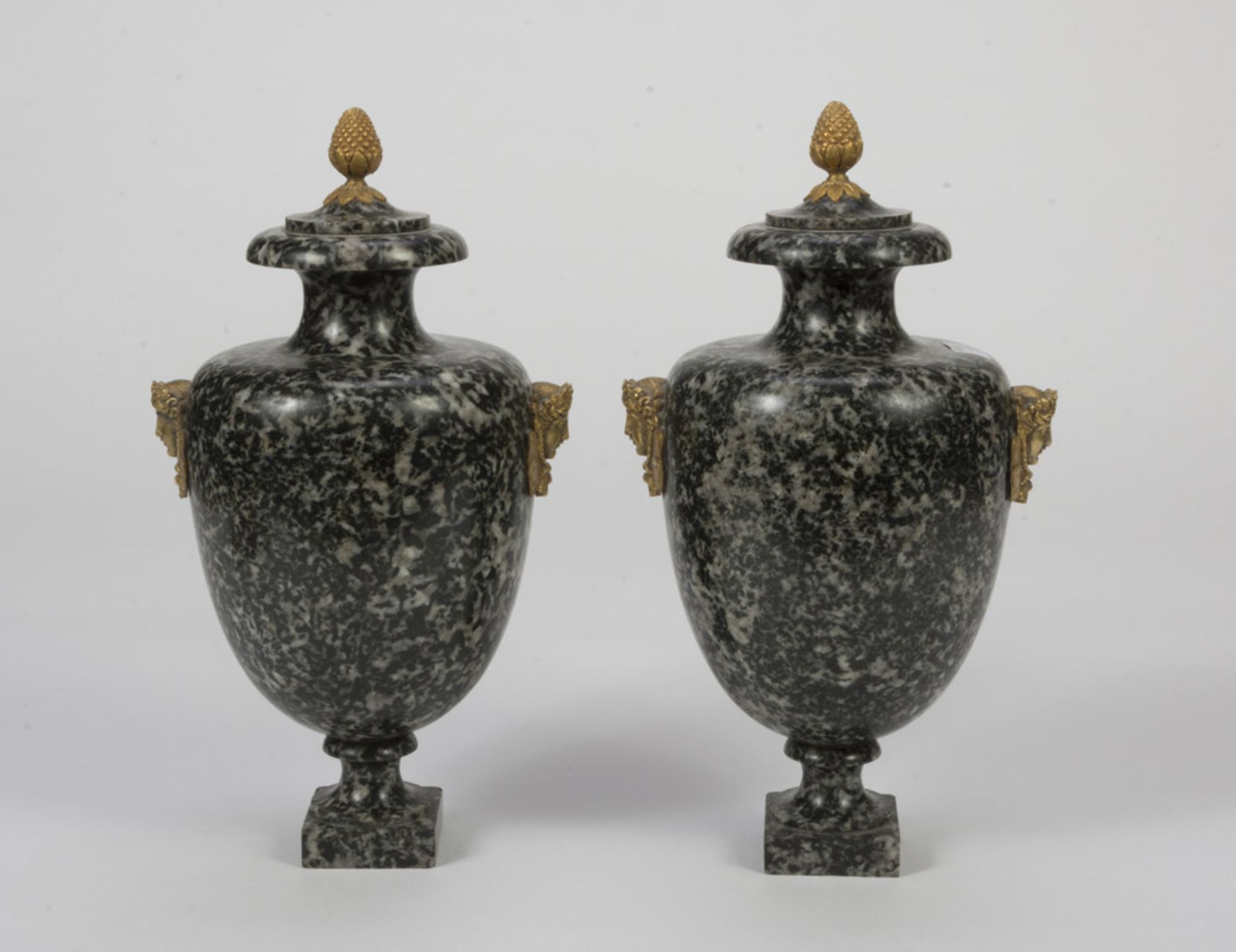 SPLENDID PAIR OF CASSOLETTES IN EGYPTIAN GRANITE, NEOCLASSICAL PERIOD with baluster body, handles