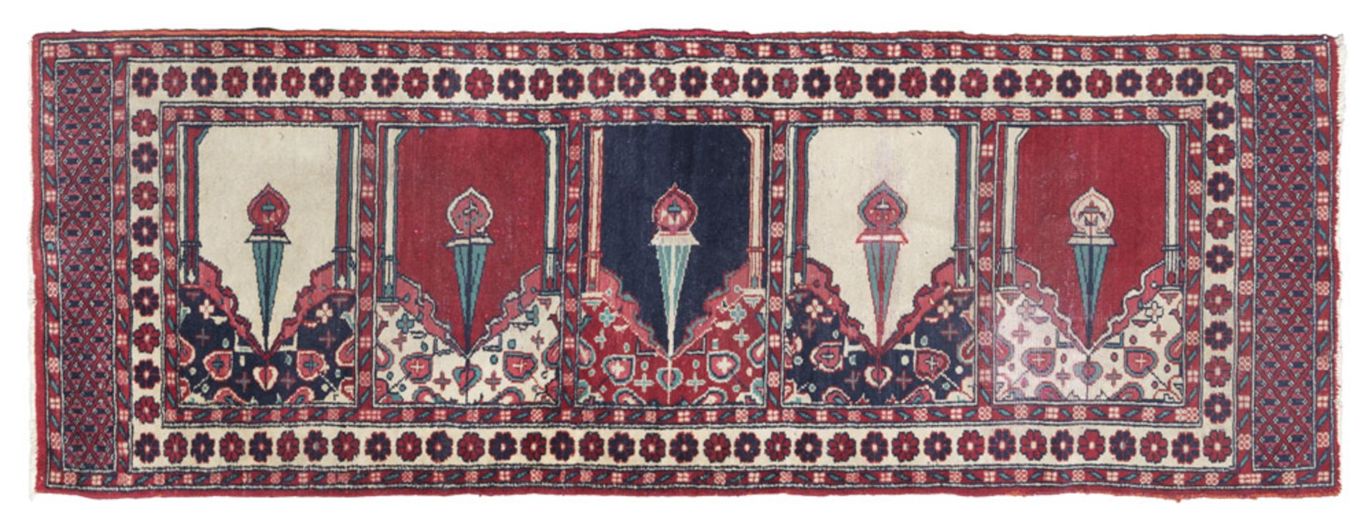 CARPET PAKISTAN, EARLY 20TH CENTURY to series of Mirhab with lights on grounds motley, in the center