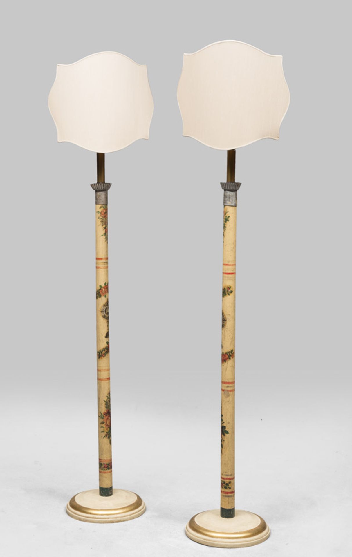 A PAIR OF FLOOR CANDLESTICKS, VENETIAN LATE 18TH CENTURY yellow lacquered shaft painted with
