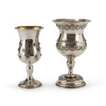 TWO SILVER CHALICES, 20TH CENTURY embossed to floral motifs. h. cm. 16,5 and cm. 15, total weight