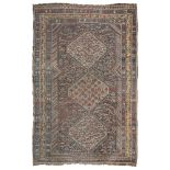 A RARE QASHQAI CARPET, LATE 19TH CENTURY Measures cm. 260 x 170. Rapè, abraches, defects. RARO