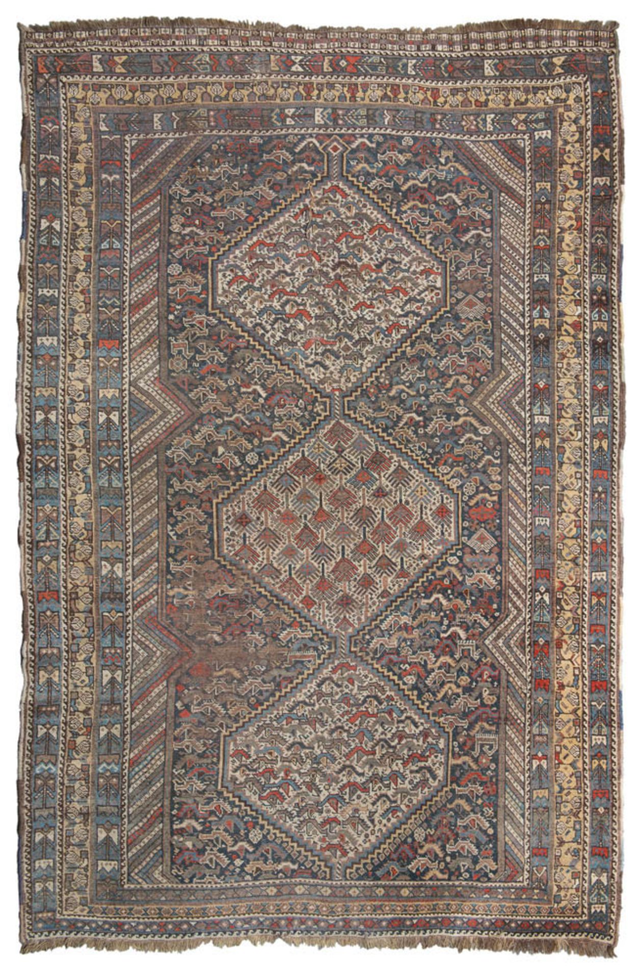 A RARE QASHQAI CARPET, LATE 19TH CENTURY Measures cm. 260 x 170. Rapè, abraches, defects. RARO