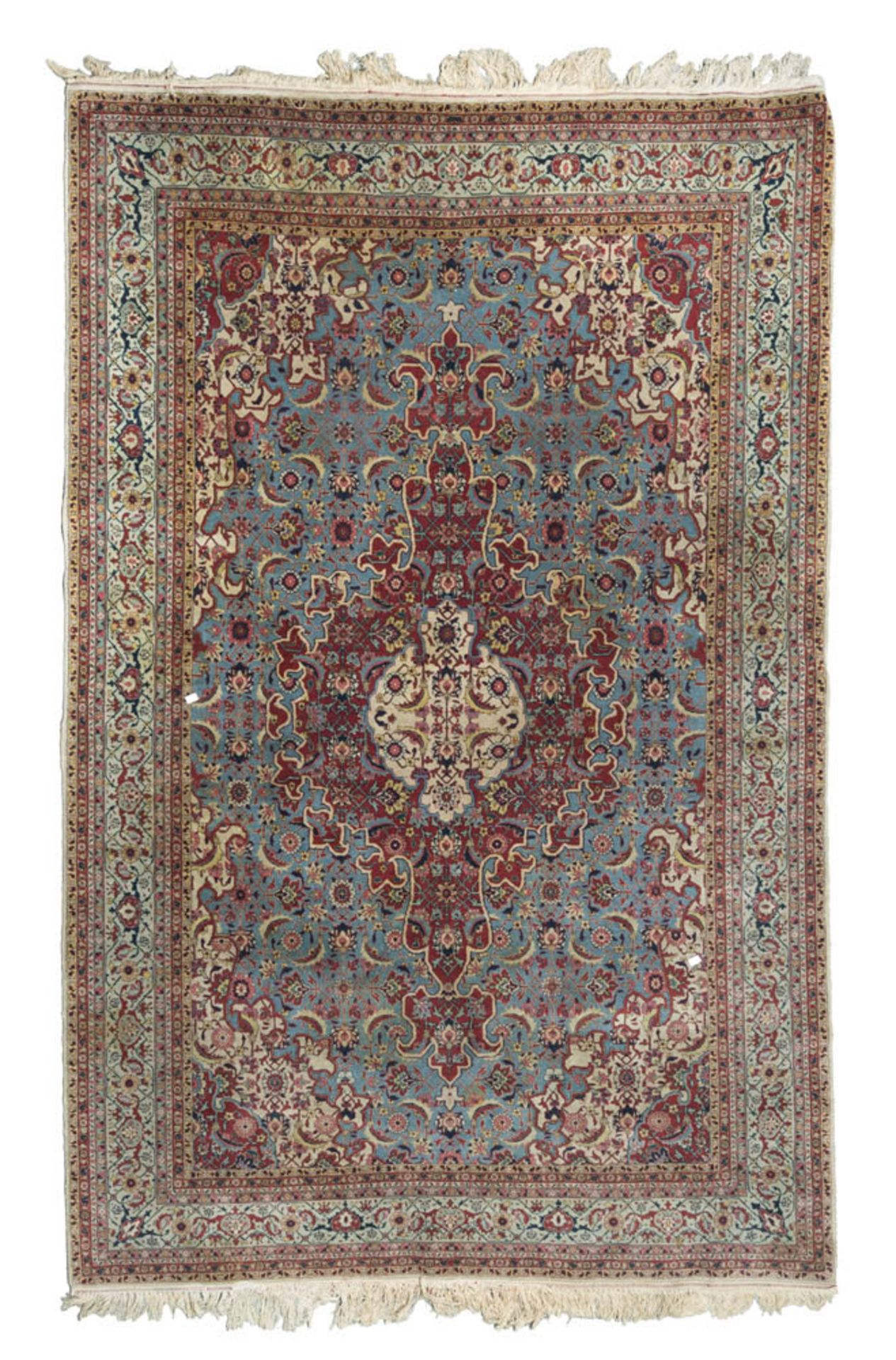 PERSIAN YOZAN CARPET, MID 20TH CENTURY with big central medallion on red ground and white and