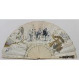 FAN IN DECORATED PAPER, LATE 19TH CENTURY decorated with Renaissance scene. Sticks in bone.