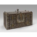 WOODEN AND SILVER-PLATED SAFE, EARLY 20TH CENTURY with applications of geometric motifs. Measures