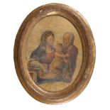 ITALIAN PAINTER, 20TH CENTURY HOLY FAMILY Oval oil on copper, cm. 34,5 x 25,5 Defects Gilded frame