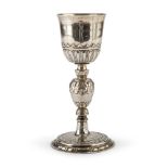 JEWISH SILVER CHALICE, ITALY 20TH CENTURY fluted basin and leaf shaft. Foot with jewish inscription.